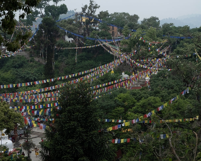 Lines of colorful flags near a temple in Kathmandu