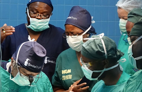 Smile Train partner surgeons observe a cleft surgery.
