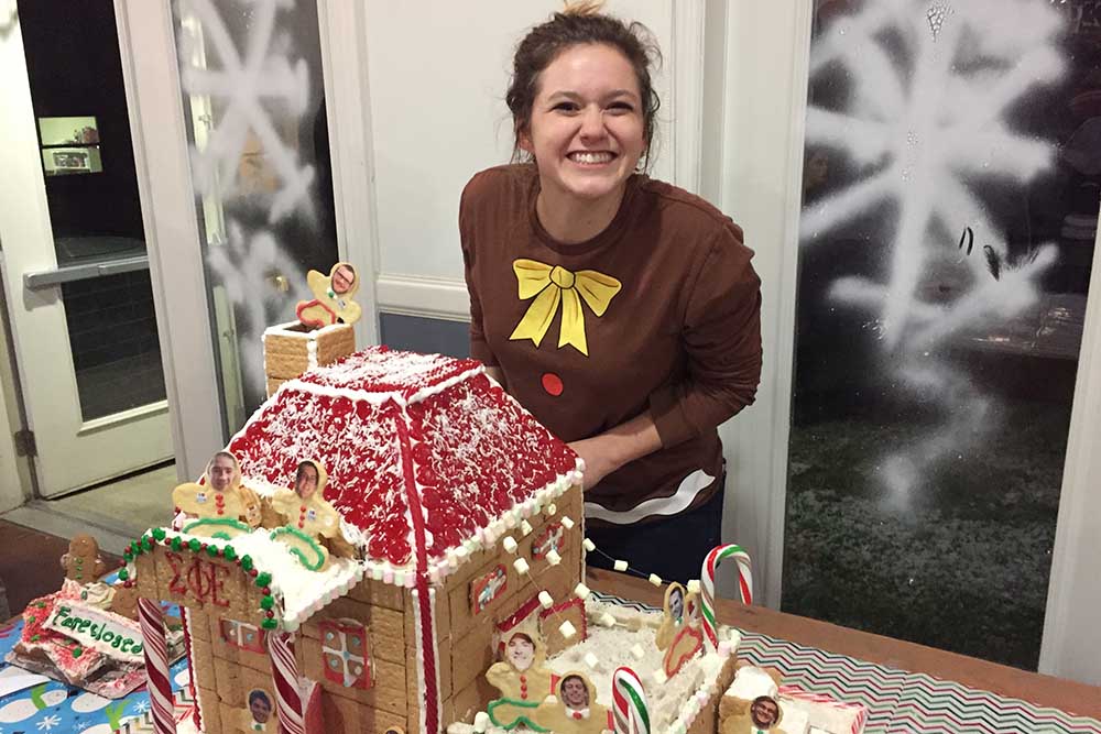 a previous Ginger Greek with a college student making a ginger bread house