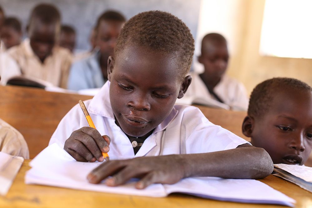 Kamse at his desk doing school work