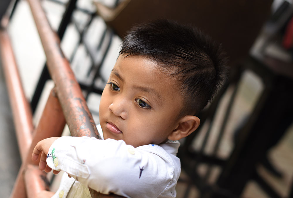 Biru looking forlornly over a railing 