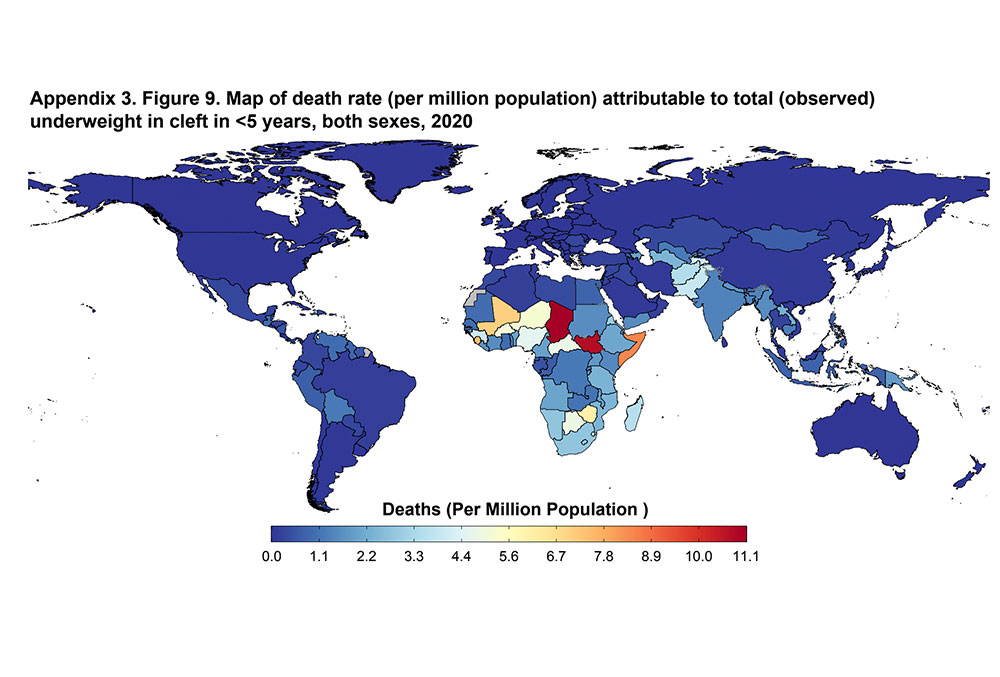 Map of death rate (per million) attributable to malnutrition for children >5 with clefts, as of 2020