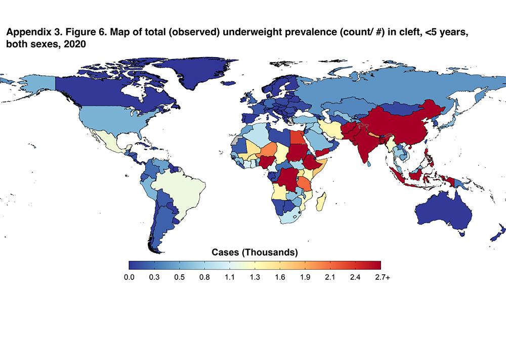 Map of underweight prevalence in children >5 with clefts, as of 2020