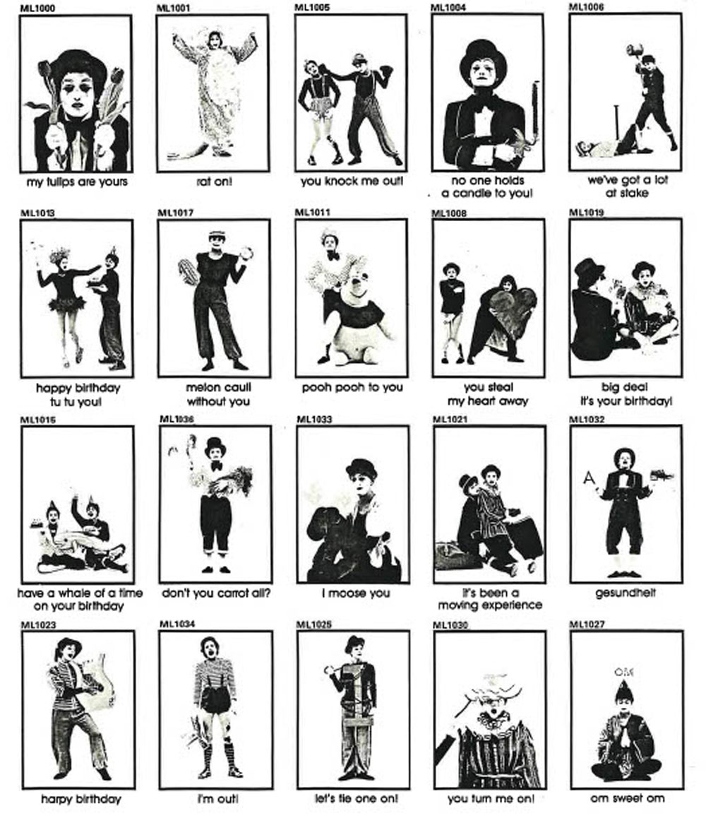 Linette and fellow mime Lani Simpson posing in a series of visual puns for greeting cards