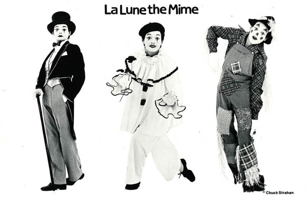 Professional photo of Linette as three of her mime characters