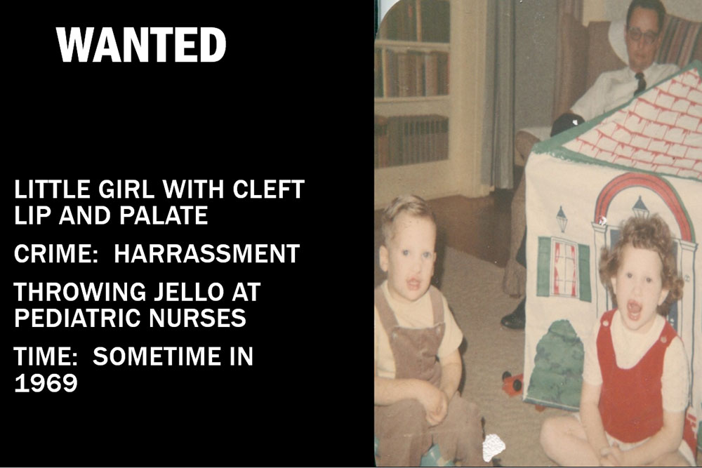 A wanted poster with a picture of Linda as a child proclaiming her guilty of throwing Jell-O at a nurse