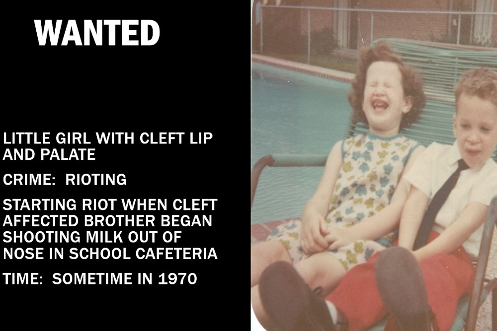 A wanted poster with a picture of Linda as a child proclaiming her guilty of starting a riot after her brother began shooting milk out of his nose in the cafeteria
