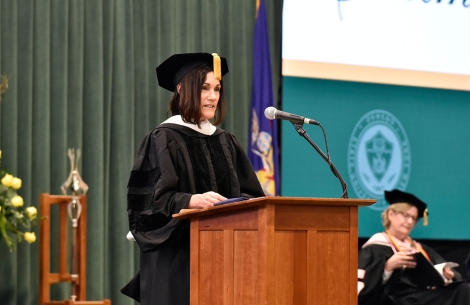 Susie Schaefer speaking upon receiving her honorary doctorate from SUNY Oswego