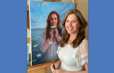 Nanette standing in front of her self-portrait, A Lotus Grows in the Mud