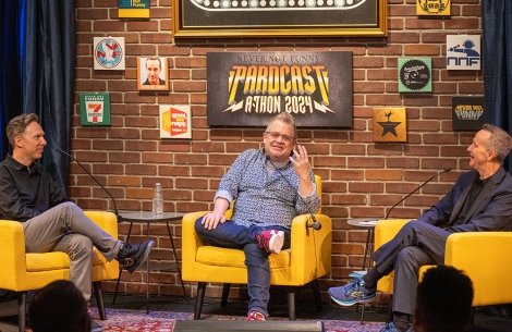 Matt Belknap, Patton Oswalt, and Jimmy Pardo onstage at Pardcast-A-Thon 2024