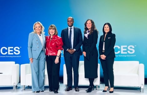 Susannah Schaefer standing on a CES panel with Gretchen Littlefield, Nancy Brown, Wayne A. I. Frederick, and Joanne Pike