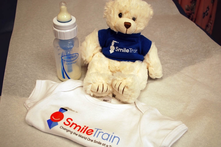 Smile Train teddy bear and Dr Browns cleft feeding bottle