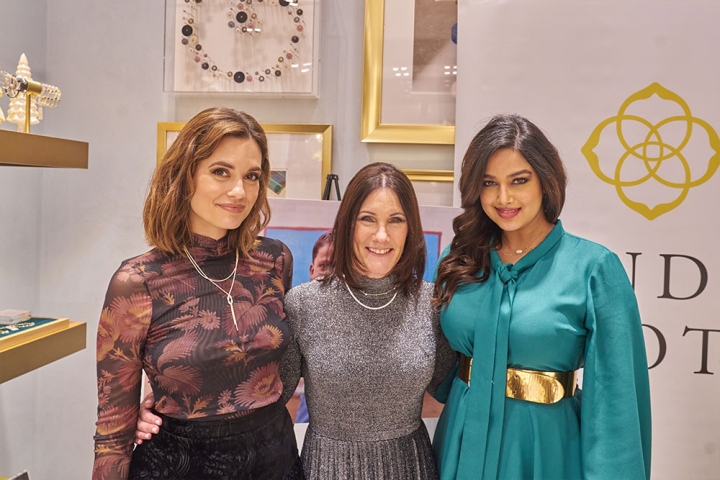 Torrey DeVitto, Susie Schaeffer, and Harnaaz Sandhu posing together at Kendra Scott on Giving Tuesday