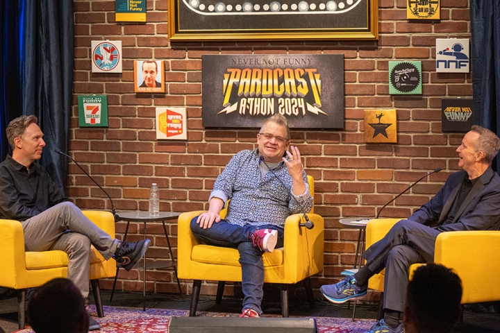 Matt Belknap, Patton Oswalt, and Jimmy Pardo onstage at Pardcast-A-Thon 2024
