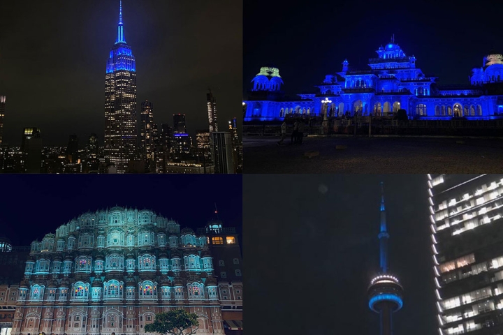 The Empire State Building, Hawa Mahal, Royal Albert Hall, and CN Tower lit up in blue at night for World Smile Day