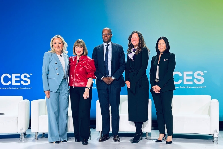 Susannah Schaefer standing on a CES panel with Gretchen Littlefield, Nancy Brown, Wayne A. I. Frederick, and Joanne Pike