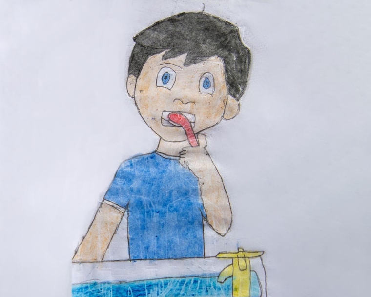 Jenious's drawing of Jingtee brushing teeth