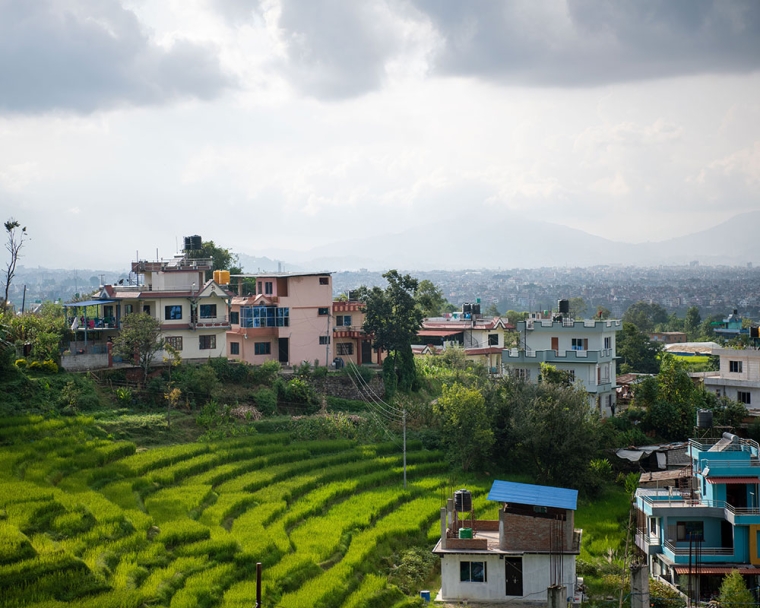 Rice paddy and houses on a hill in Nepal