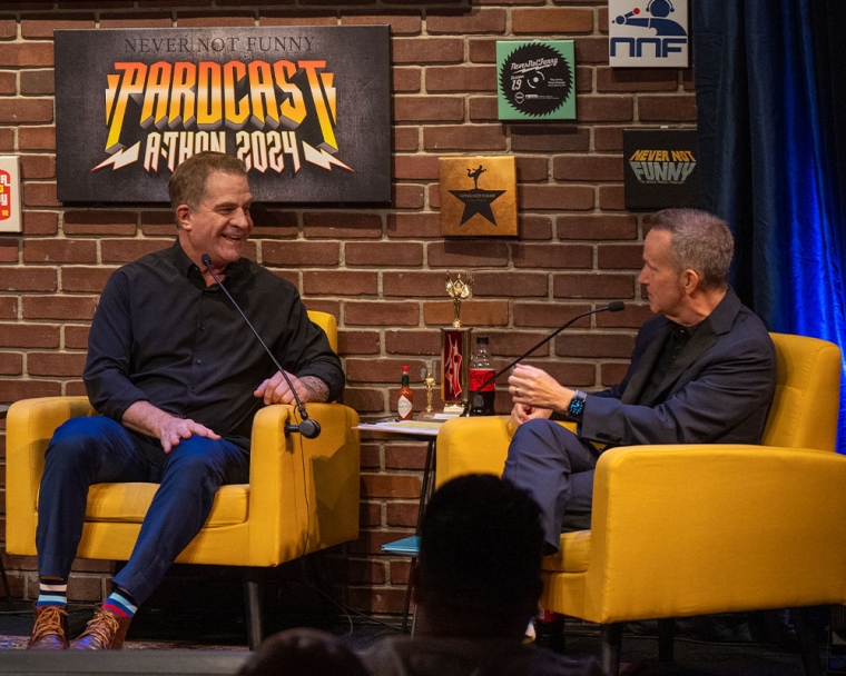 Todd Glass talking with Jimmy Pardo at Pardcast-a-Thon 2024
