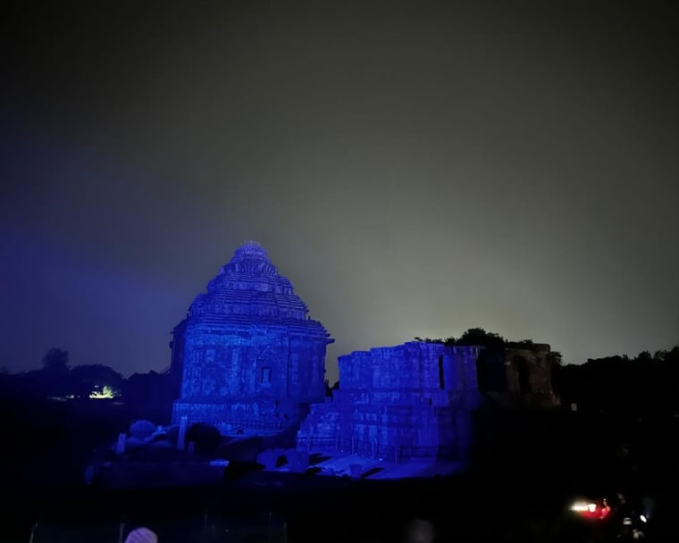 Konark Sun Temple in Odisha, India lit blue