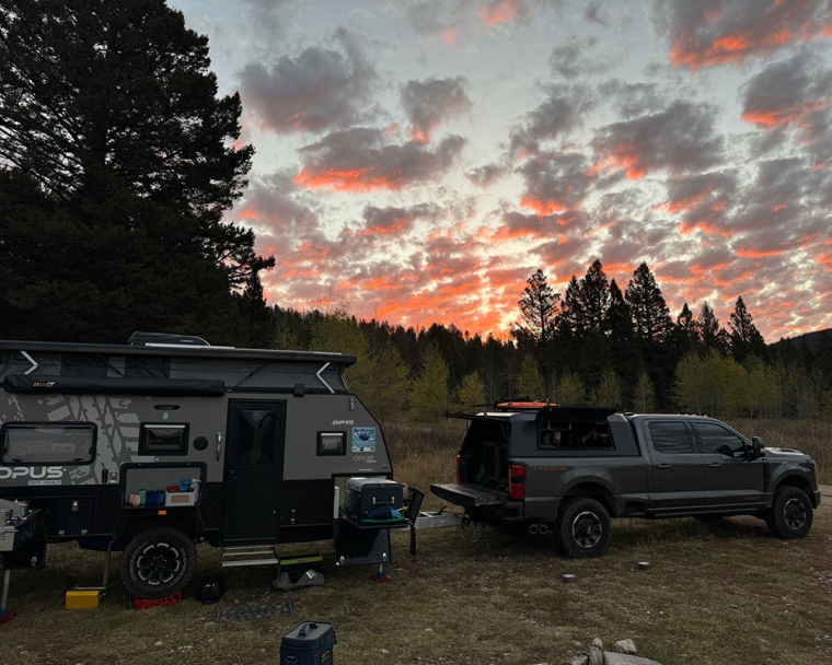The Houghs' camper at dusk