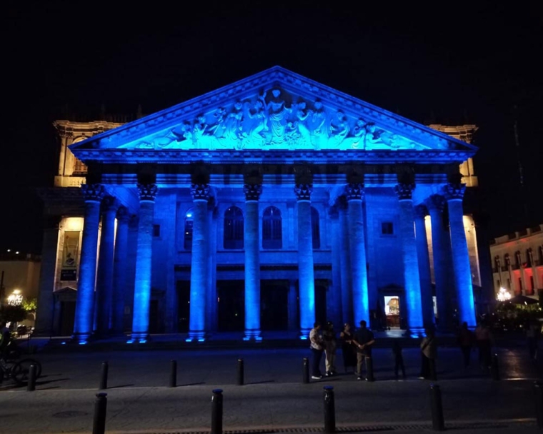 Teatro Degollado in Guadalajara, Mexico, lit blue