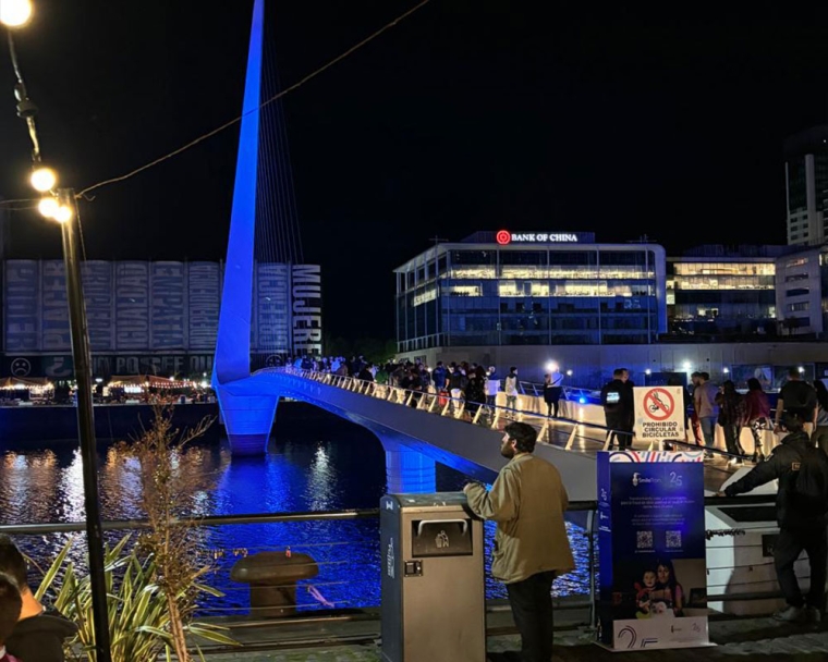 Puente de la Mujer in Buenos Aires, Argentina, lit blue