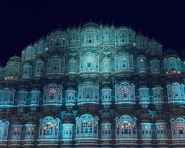 Hawa Mahal in Jaipur, India, lit up in blue at night for World Smile Day