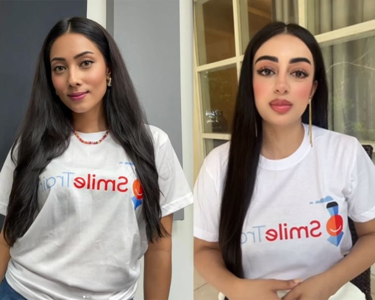 Mariam Kazmi and Azoa Sohail smiling and wearing Smile Train t-shirts